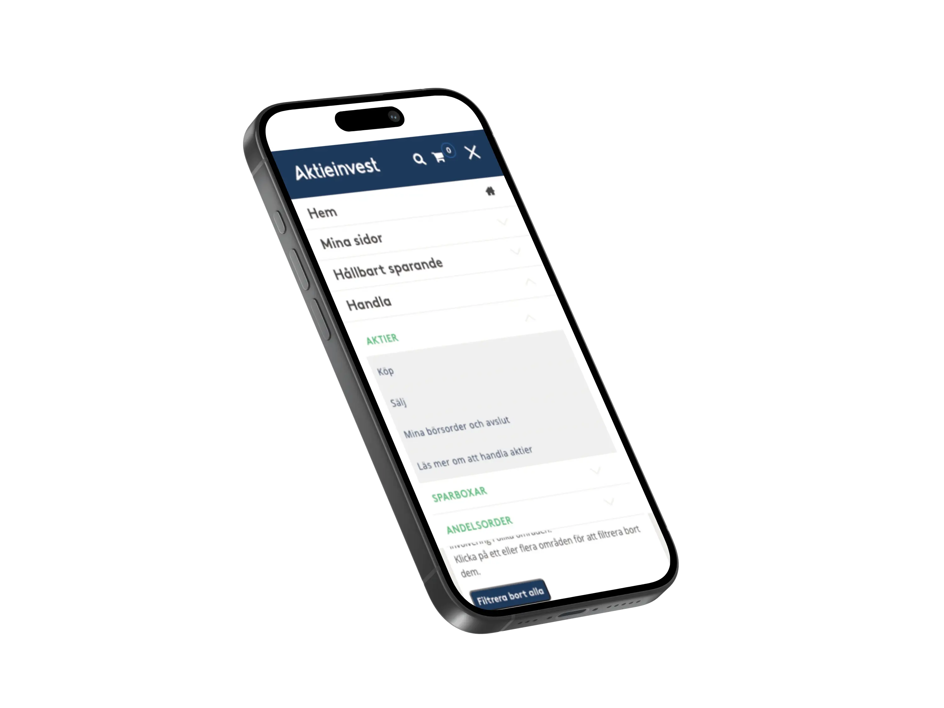 En mobiltelefon som visar en webbsida för Aktieinvest, där en översikt av fonder, aktier och verktyg presenteras i en meny.