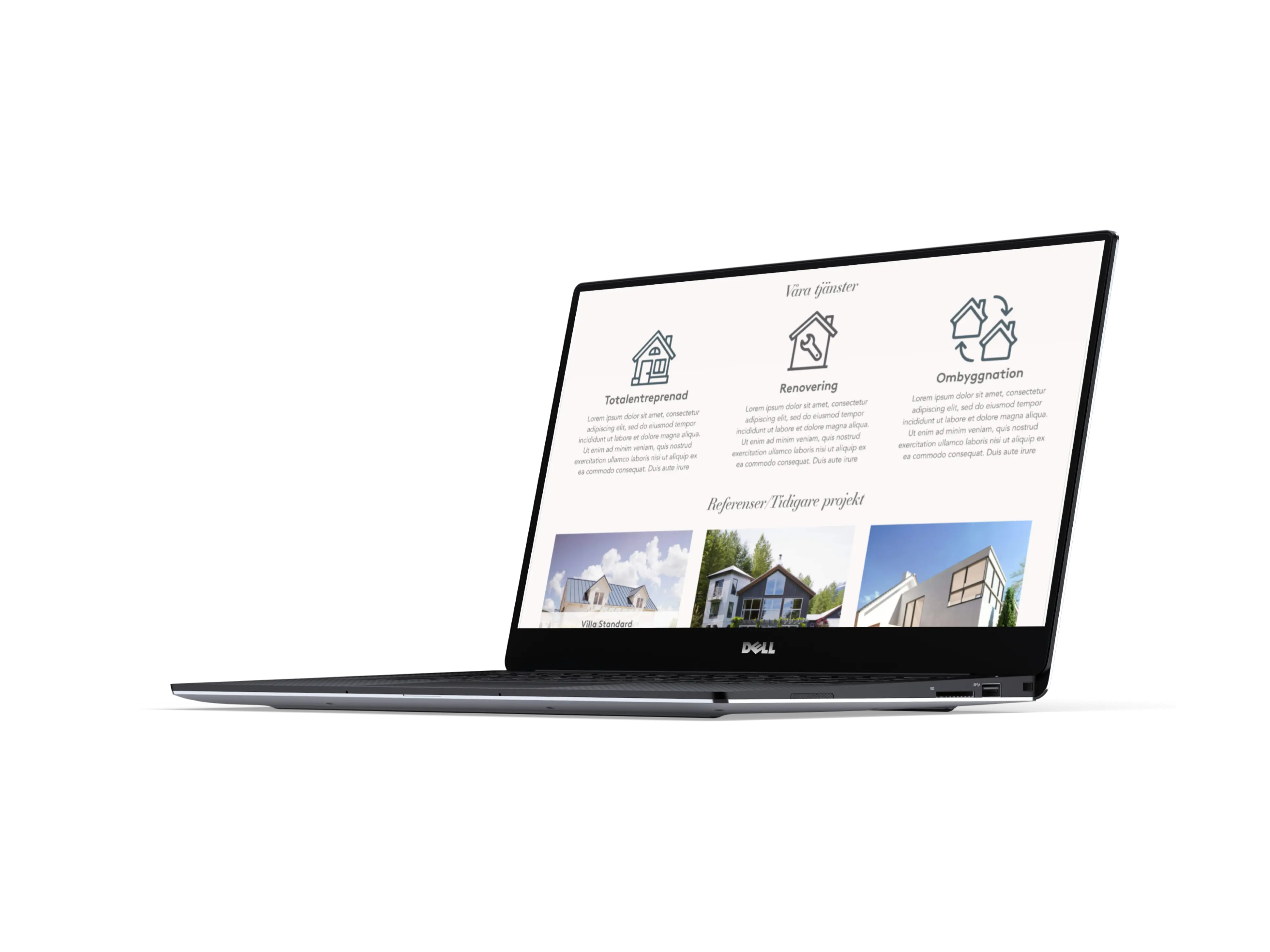 Laptop som visar en hemsida för det fiktiva företaget Byggspecialisterna