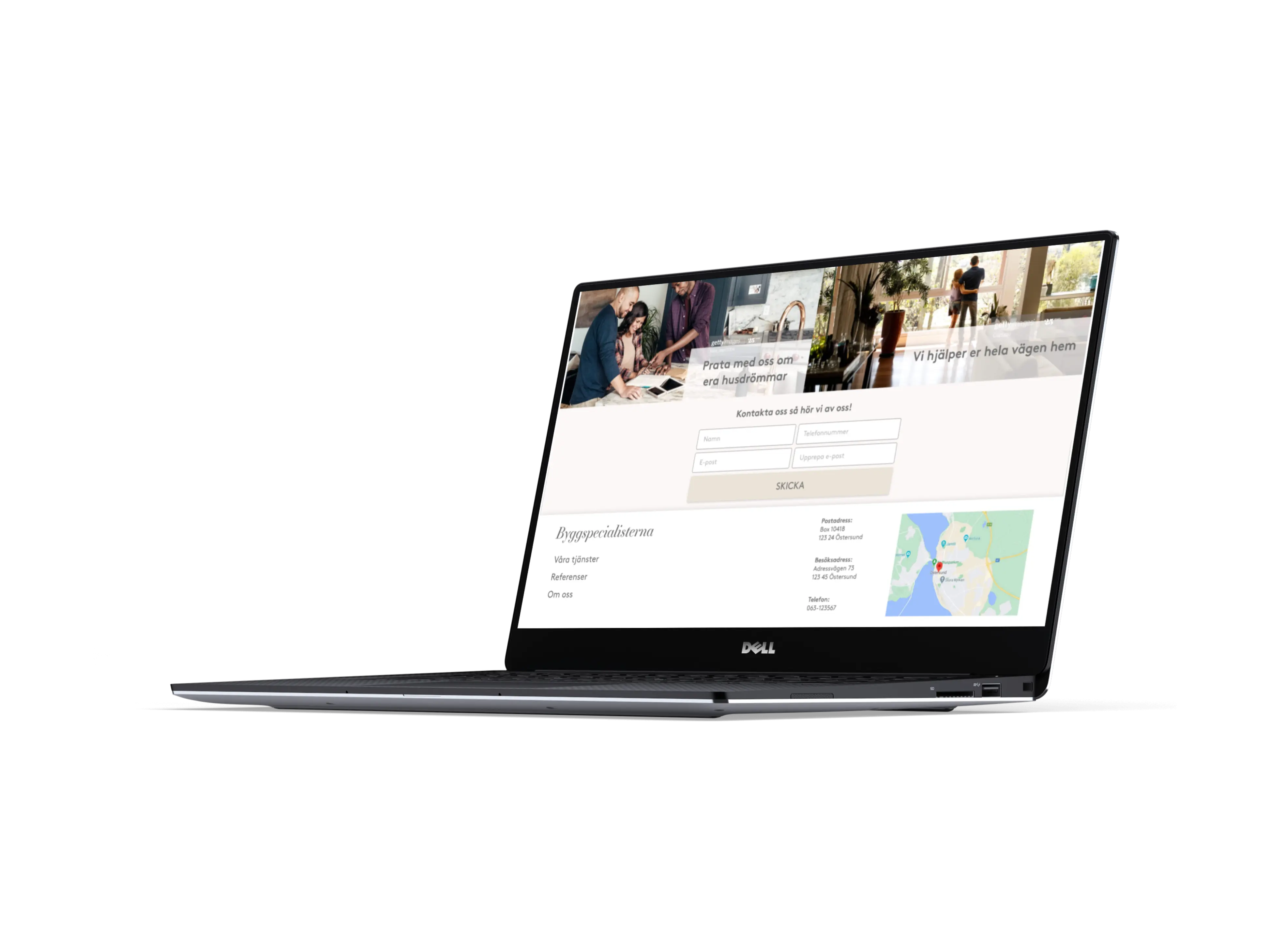 Laptop som visar en hemsida för det fiktiva företaget Byggspecialisterna
