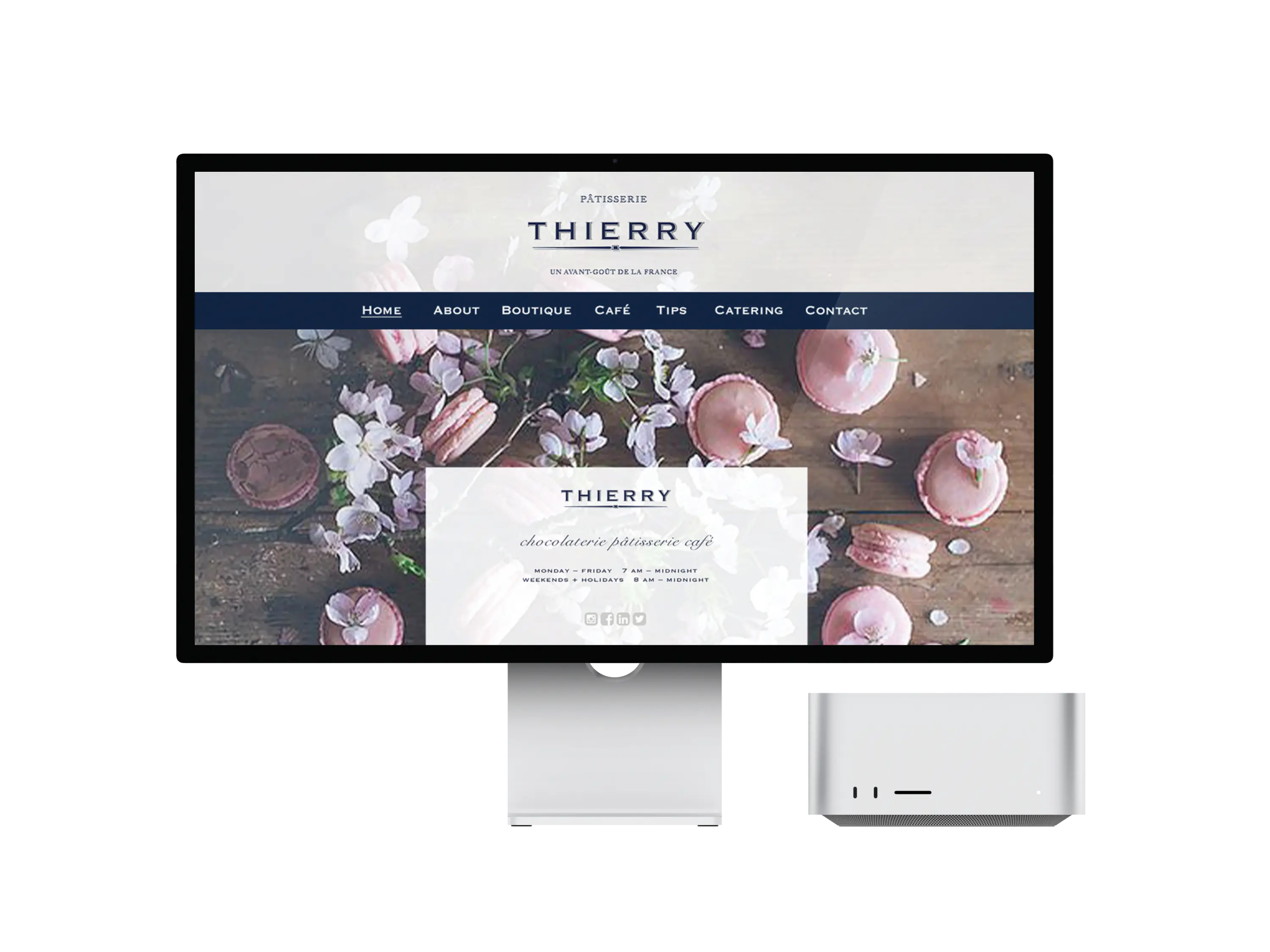 Datorskärm med en hemsida för Thierry Chocolates.